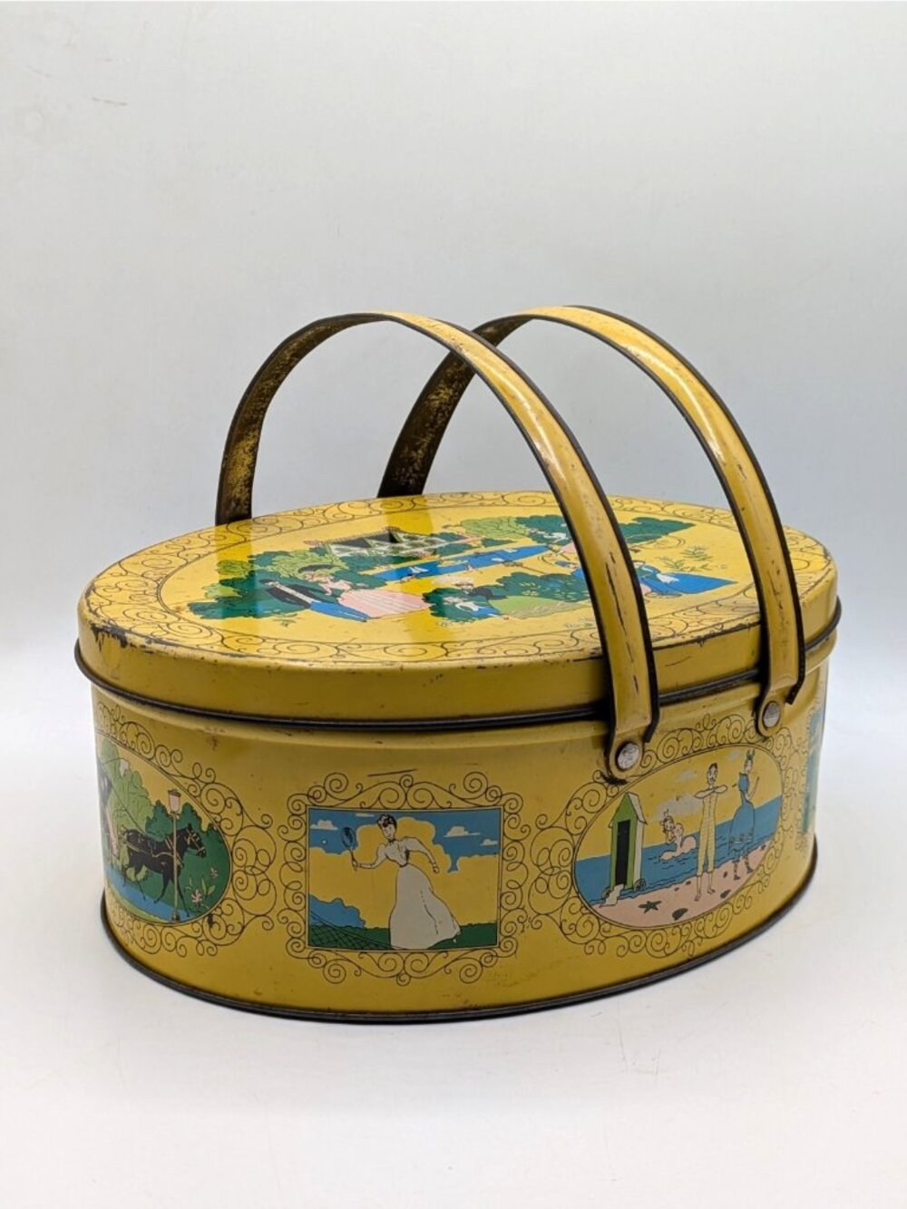 Vintage Oval Metal Tin Sewing Box Yellow Double Handle Victorian Life Scenes 11"
